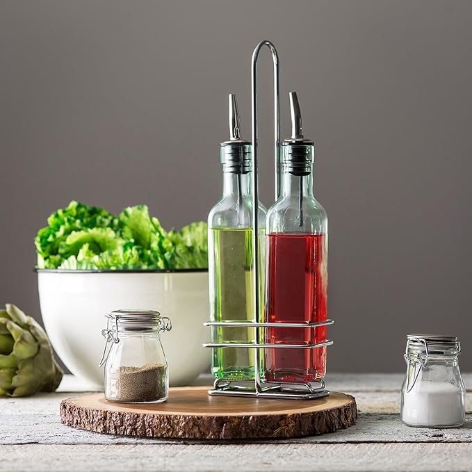 Tablecraft Olive Oil Bottle Set with Two 8.5 Oz. Square Bottles/Chrome Rack