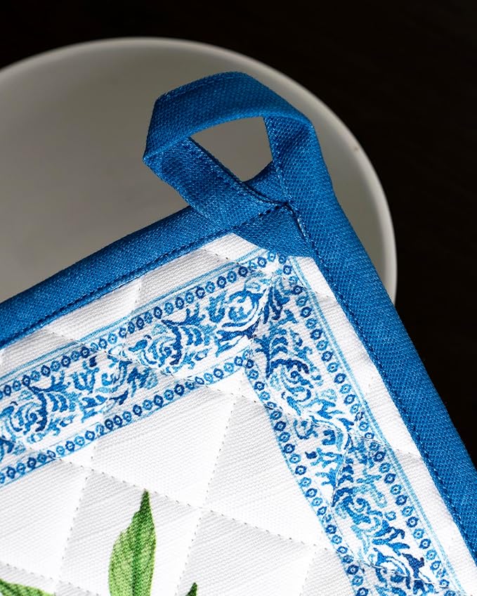 Maison d' Hermine Pot Holders 100% Cotton Heat Resistant Potholders 8" x 8" Hot Pads with Loop BBQ Cooking Baking Gifts for Mothers Day Handling Hot Pans Spring/Summer (Pack of 2, Cedrat)