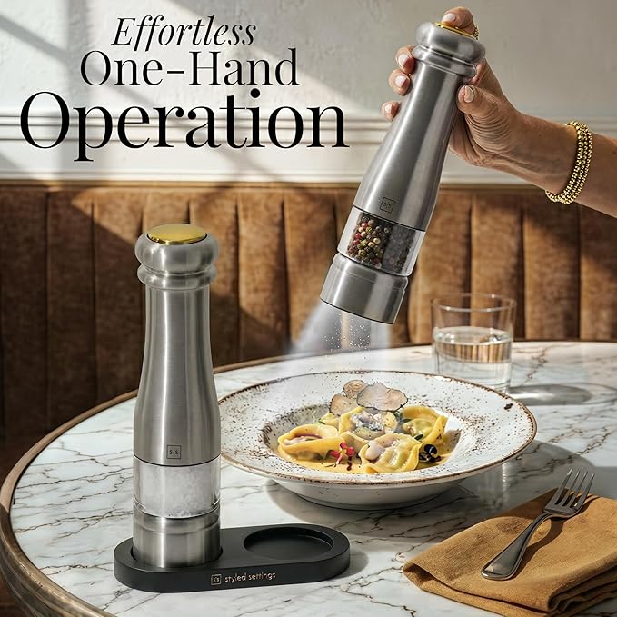 Electric Salt and Pepper Grinder Set - Styled Settings Stainless Steel Salt and Pepper Grinder Set with LED Light, Adjustable Coarseness, Battery Operated, Wood Base