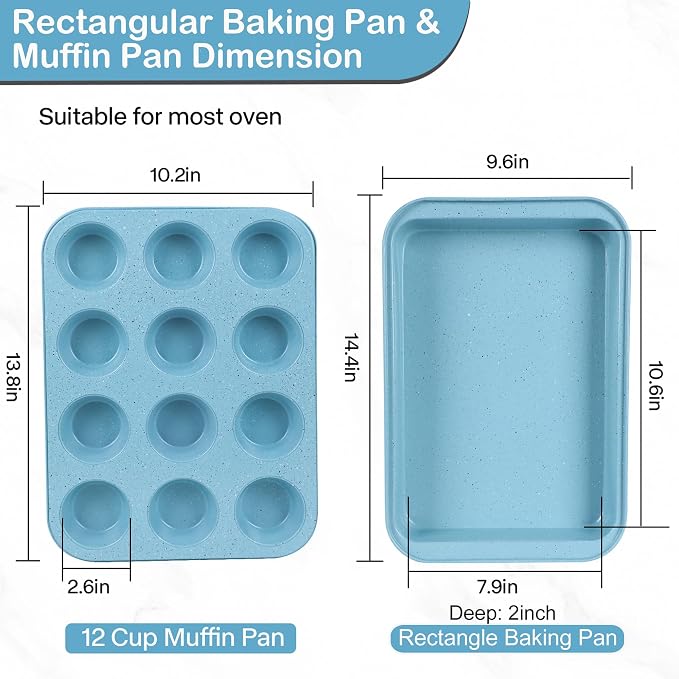 6-Piece Nonstick Cake Baking Set, Blue — Round Pie Pans, Loaf Pan, Muffin Pan & Square Cake Pan, Stackable Carbon Steel Bakeware for Beginner Bakers, Oven Safe