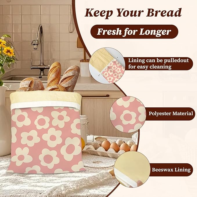 Bread Bags for Homemade Bread, Abstract Pink 2 Pack Linen and Beeswax Sourdough Storage Bags, Reusable Keeper, Keeps Breads Fresh Longer, Gifts for Bakers