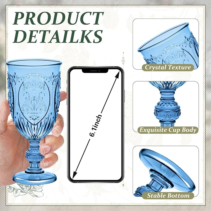 Wiwiqing 24 Pcs Plastic Goblets 7.5oz Vintage Goblet Plastic Wine Glasses Colored Retro Embossed Water Goblets for Wine Bar Juice Baby Shower Wedding Reception Grand Event Party (Royal Blue)