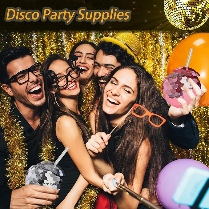 Disco Ball Cups, 20OZ Disco Party Cups with Lid and Reusable Straw Flash Ball Cocktail Cup for Party Nightclub Bar Supplies Wine Drinking Syrup Tea Bottle (25, Rose Gold)