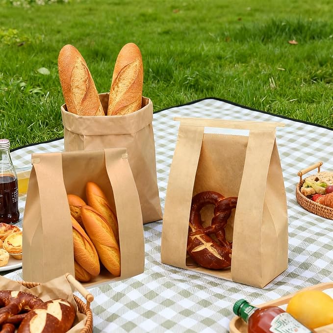 120 Pack Paper Bread Bags for Homemade Bread - Sourdough Bread Bags with Tin Tie Tab Lock Clear Front Window, Sourdough Bags Bread Storage Bakery Packaging 125 Cute Sealing Stickers
