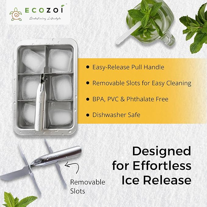 Ecozoi Stainless Steel Metal Ice Cube Trays With Easy Release Handle - 2 Pack | 12 Large Ice Cube Slots | Removable Slots For Easy Ice Cube Removal And Cleaning | Eco Friendly, Plastic Free