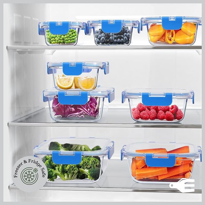Emporio Kitchen Borosilicate Glass Food Storage Containers with Lids 24 Pieces, BPA-Free Stackable Lunch & Leftover Containers, Microwave, Freezer & Dishwasher Safe, 100% Airtight Leak-Proof, Blue