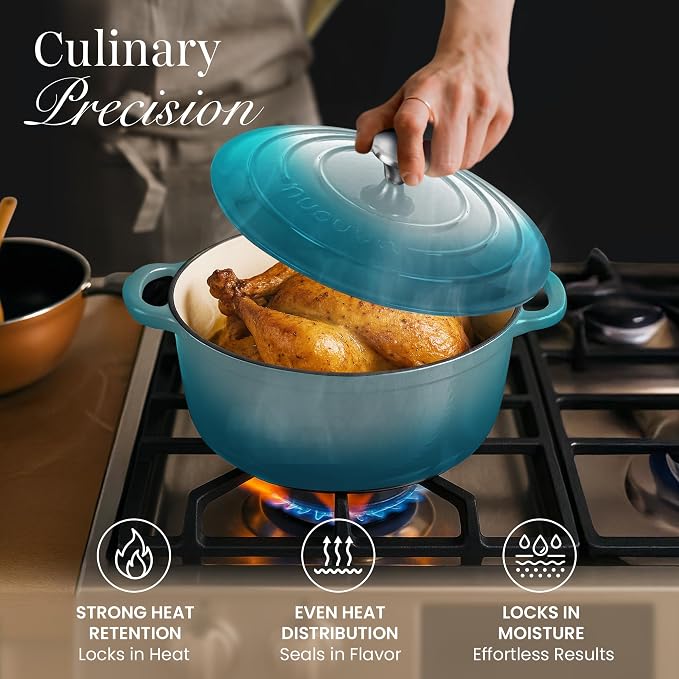 Cast Iron Dutch Oven with Lid - Non-Stick Ovenproof Enamelled Casserole Pot - Sturdy Dutch Oven Cookware - Teal, 3.1-Quart, 22cm- by Nuovva