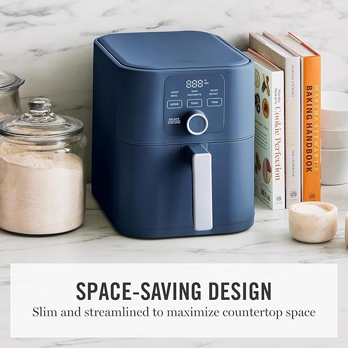 Martha Stewart 6QT Air Fryer, 6-in-1, Bake, Broil, Roast, Air Fry, Dehydrate, Reheat, Ceramic Non-Stick Basket, Crispy Results Fast, 400°F Max Temp, Shake Reminder, Auto Shut-Off, Indigo Blue