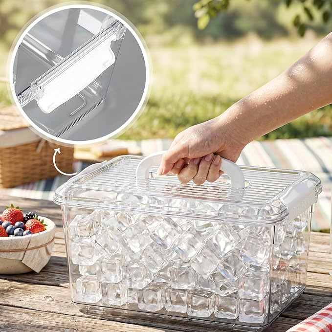 2 Set Ice Bin and Metal Scoop Set, Plastic Freezer Ice Bin with Lid, Clear Storage Bucket Plastic Containers Food Scoops for Cocktail Freezer Bar Party Barbeque Camping
