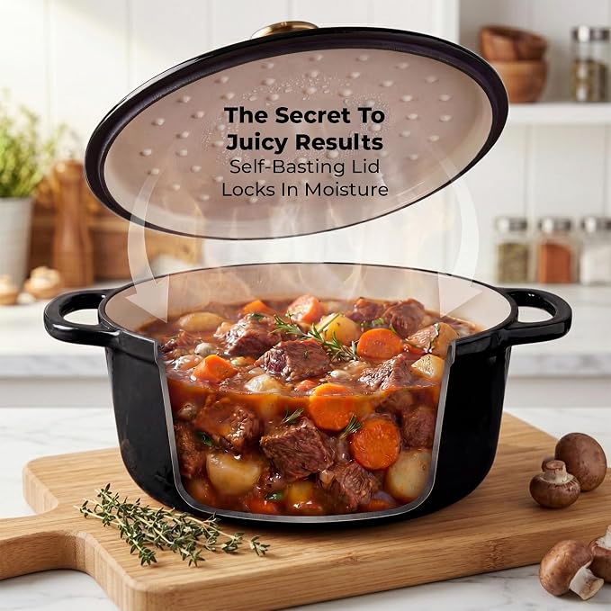 Zulay Kitchen 5 Quart Enameled Cast Iron Dutch Oven Pot with Lid – Premium Durability & Oven Safe up to 500°F – Heavy Duty Cookware Perfect for Bread Baking, Stews, Braising & Roasting – Black