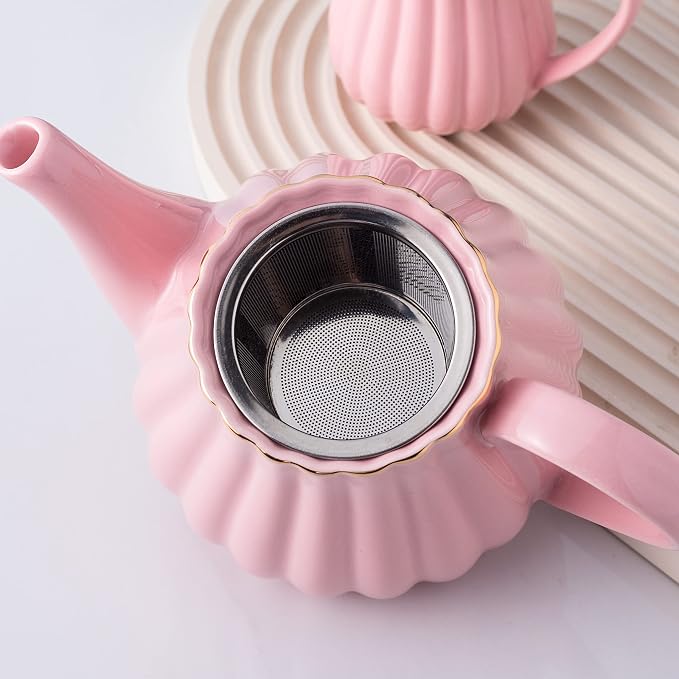 Jusalpha Service for 6- Fine China Pink Coffee Cup/Teacup Set, 8 OZ Cups& Saucer, with Teapot-Sugar Bowl-Cream Pitcher Teaspoons and tea strainer for Tea/Coffee- 24 PC (Pink, Serve of 6)