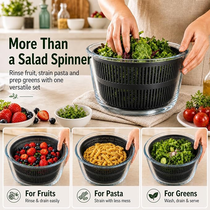 Good Girps 3.2 Qt Glass Salad Spinner Small Vegetable Dryer with Drain Microwave Safe Dishwasher Safe with Transparent Lid Crank Handle Quick Spin Greens Washer for Lettuce Herbs Fruits