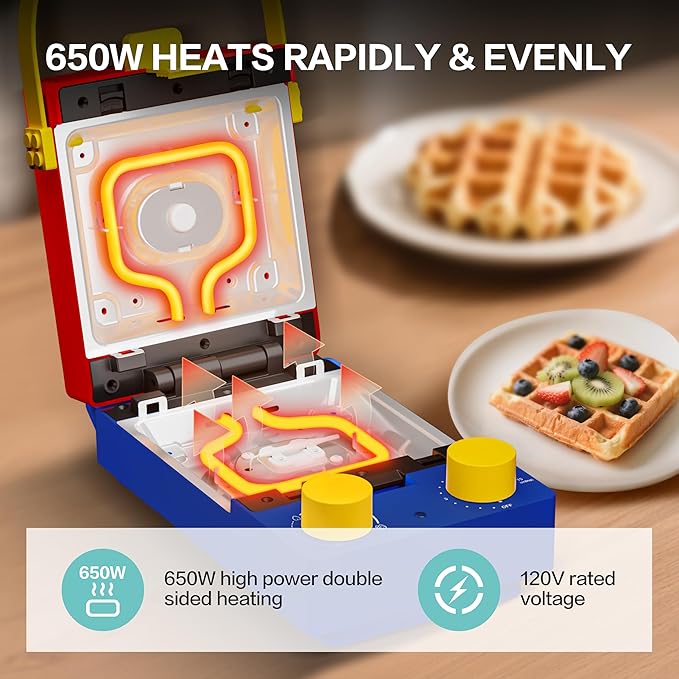 CANDY 3-in-1 Waffle Maker Panini Press, Grilled Sandwich Maker with Removable Plates, Compact & Portable Mini Toaster, Fast Double Heating, Unique Block-Style Design, Great for Breakfast or Snacks