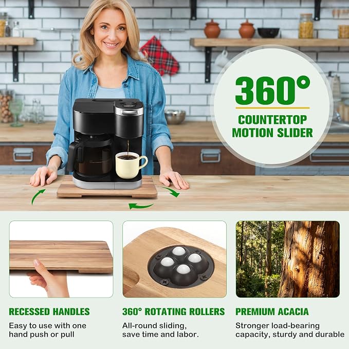 Appliance Slider 360° Rolling Tray for Coffee Maker Bamboo Coffee Pot Slider Tray Countertop Rotation Sliding Tray with Wheels, Small Appliances Mat Easily from Under the Cabinet, Acacia(13.9"×11.6")
