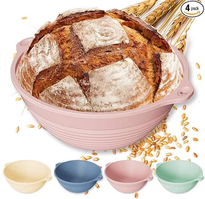 4-Pack Reinforced Silicone Banneton Bread Proofing Baskets for Sourdough, 9" Round Non-Stick Proofing Bowls with Dual Handles, Built-In Rim Support, Oven, Freezer & Dishwasher Safe, Foldable, BPA Free