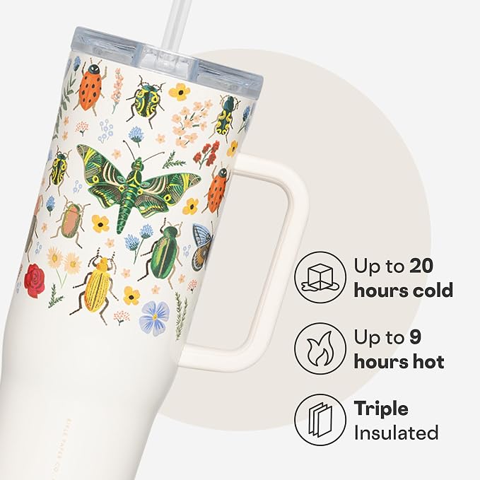 Corkcicle x Rifle Paper Co. Cruiser Insulated Tumbler with Handle & Straw - Keeps Drinks Cold 20 Hours - BPA-Free - Gift for Mom - Great for Mother's Day or Christmas - 40 oz - Curio Cream
