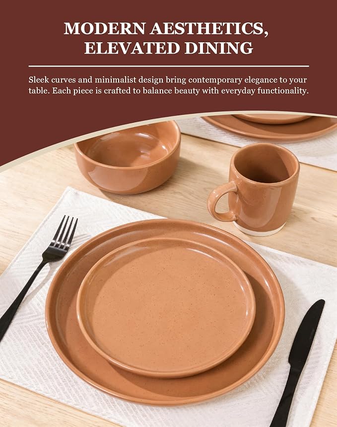 OTAGO 16-Piece Brown Stoneware Dinnerware Set for 4 with Mugs, Plates and Bowls Sets with Partially Unglazed Base, Scratch Resistant Ceramic Dish Set, Microwave & Dishwasher Safe for Kitchen
