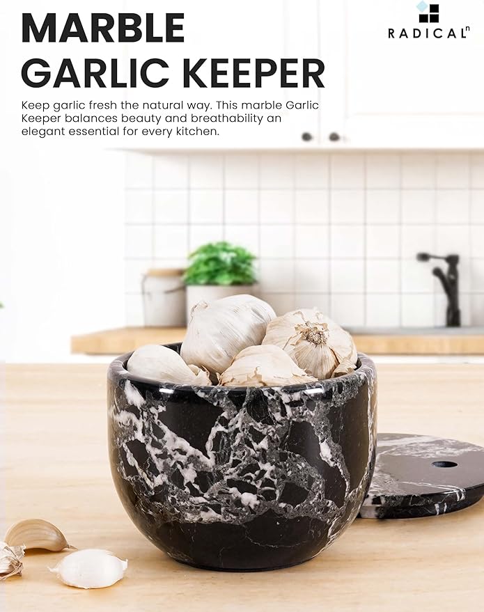 Radicaln Marble Garlic Keeper With Lid 4.5 Inch Black Handmade Garlic Storage and Garlics Container For Kitchen, Keep Fresh Garlic Cloves, Ideal Garlic Keeper for Counter