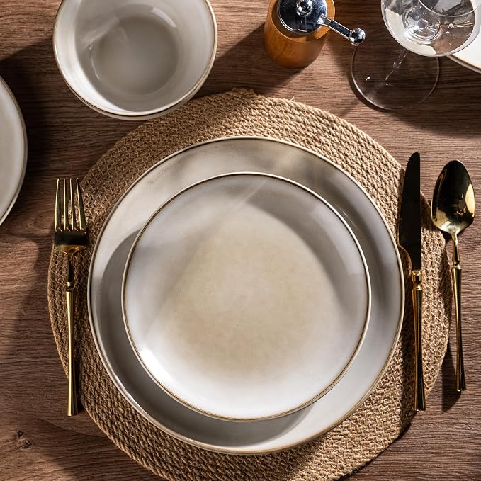 AmorArc Ceramic Dinnerware Sets for 4, 12 Pieces Handpainted Stoneware Plates and Bowls Set, Scratch Resistant Dishes Set, Dishwasher & Microwave Safe, Cappuccino