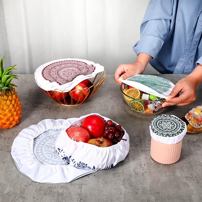 Patelai 10 Pcs Bowl Covers Reusable in 5 Size Stretch Cloth Fabric Elastic Food Storage Bowl Covers Bread Sourdough Lids for Proofing Food Fruits Leftover(Red, Green, Blue,Rustic Style)