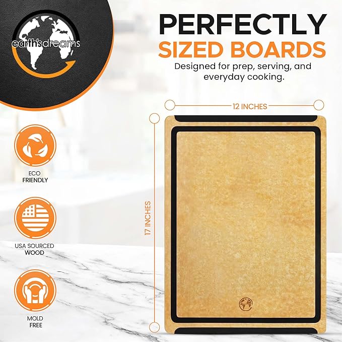 Earth’s Dreams Composite Wood Cutting Board 17” x 12” – Extra Large, Non-Toxic, Dishwasher Safe, Knife-Friendly, Heavy-Duty Kitchen & Charcuterie Board (Tan/Black)
