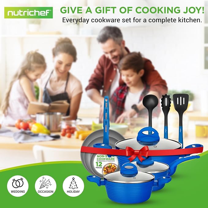 NutriChef 12 Piece Nonstick Cookware Set - PFOA/PFOS-Free Heat Resistant Lacquer Kitchen Ware Pots and Pans Set - Induction Ready Cookware Includes Saucepot, Pans, Cooking Pot Oven Pot, Lid, Utensils