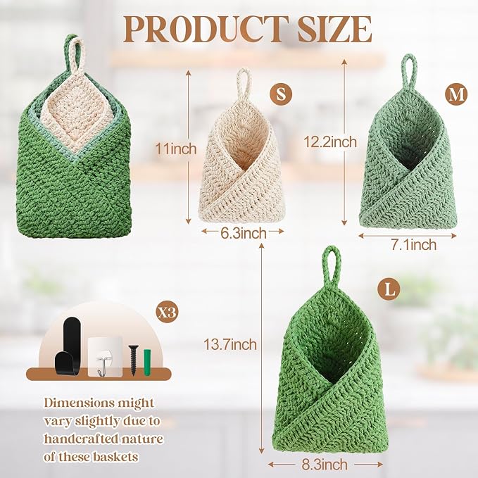 Honeydak Boho Decor Hanging Wall Baskets for Kitchen 3 Pack Teardrop Baskets with Hooks Storage Fruit Onion Vegetable Potato for Home 3 Sizes(Sage Color Palette,Triangle,Cotton Rope)
