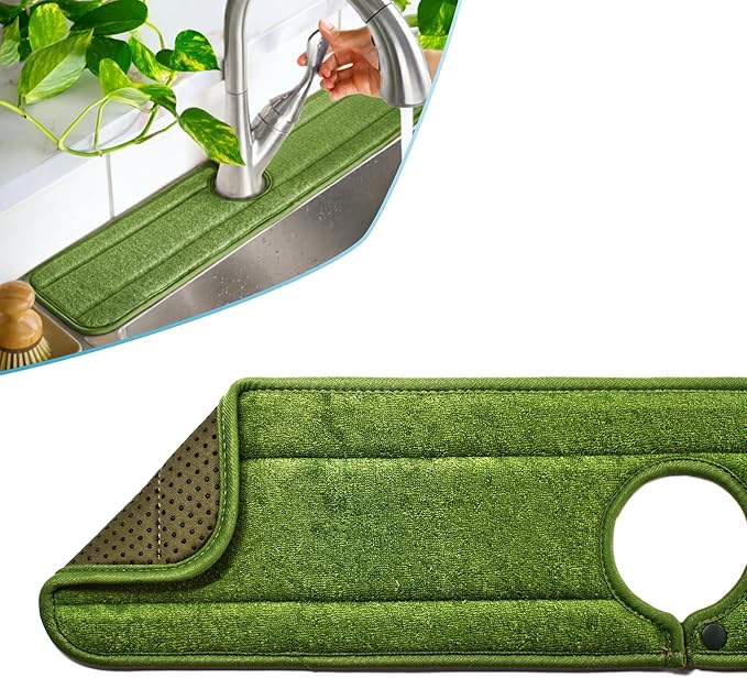 Ternal Original SINKMAT 24in XL Faucet Splash Guard Extra Long Microfiber Sink Drip Catcher Mat Non Slip Countertop Protector Drying Pad Kitchen Bathroom RV Machine Washable [Moss Green]