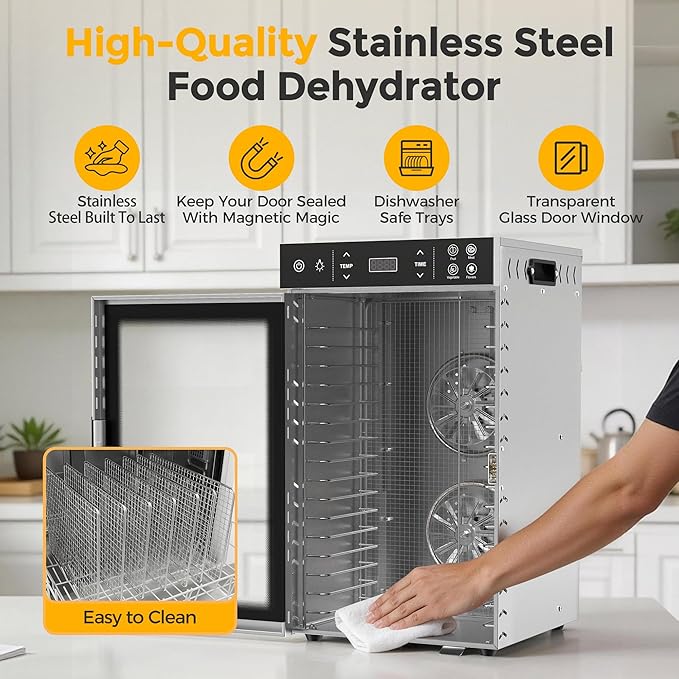 Suteck Food Dehydrator with 16 Stainless Steel Trays, 800W Dehydrator Machine with Dual Fans & 360° Airflow, Digital Temp & Time Control with 4 Presets, Quiet Food Dryer for Jerky, Fruit, Flower, Meat