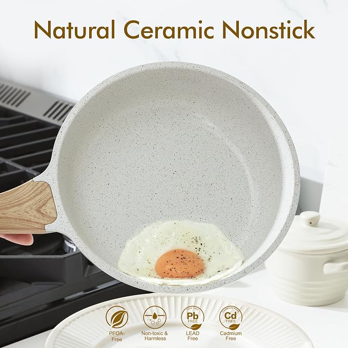 SENSARTE Nonstick Ceramic Frying Pan Skillet, 8-Inch Omelet Pan, Healthy Non Toxic Chef Pan, Induction Compatible Egg Pan with Heat Resistant Handle, PFAS-Free, White (Pack of 2)