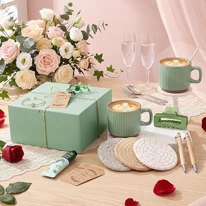 Reallnaive 61 Pcs Baby Shower Prizes for Game Winners Include Ceramic Mug Coaster Hand Cream Pen Spoon Bracelet Hair Clip Card Gift Box with Raffia for Guests Gender Reveal Bridal Shower Party(Green)