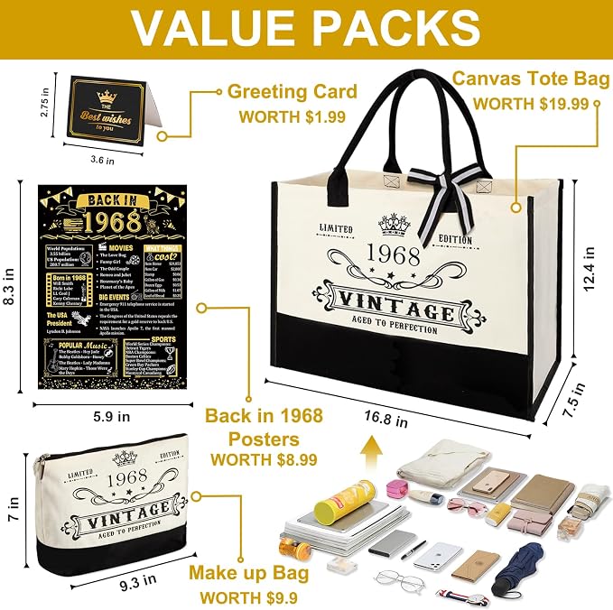 YeohJoy 58th Birthday Gifts for Women Canvas Tote Bag Travel Gear, Unique 58 Years Old Birthday Gifts for Mom Aunt Friends Wife Sister Her, Vintage 1968 Handbag & Cosmetic Bag & Back in 1968 Poster