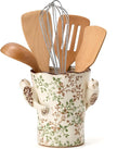 6.34'H Utensil Holder for Kitchen Counter, Modern Farmhouse Cooking Utensil Holder and Crock Home Kitchen Decor, Ceramic Utensil Organizer for Spatula, Ladle, Eggbeater, Rolling Pin- Green and Beige