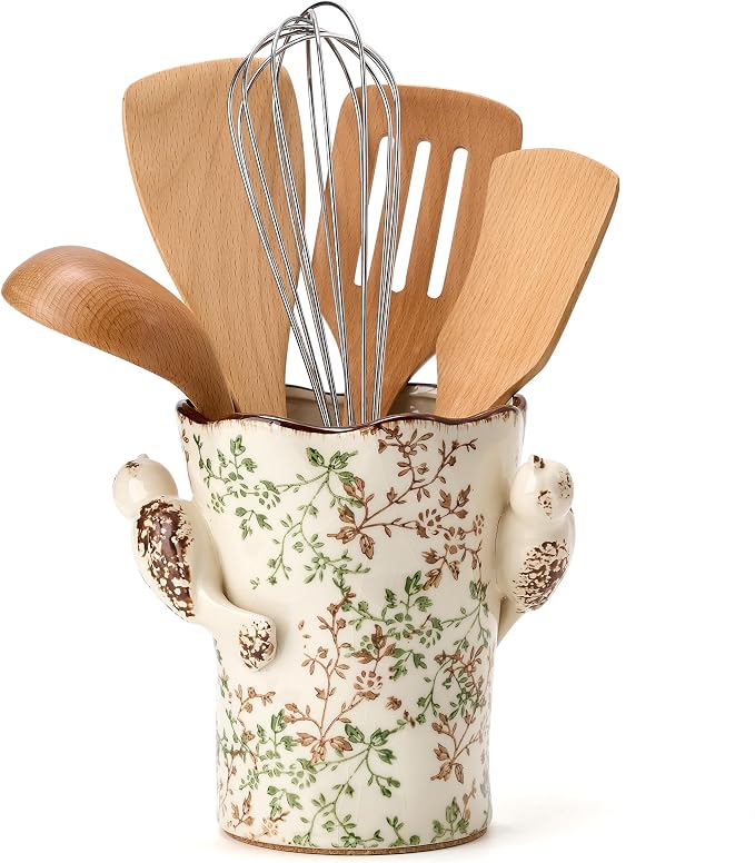 6.34'H Utensil Holder for Kitchen Counter, Modern Farmhouse Cooking Utensil Holder and Crock Home Kitchen Decor, Ceramic Utensil Organizer for Spatula, Ladle, Eggbeater, Rolling Pin- Green and Beige
