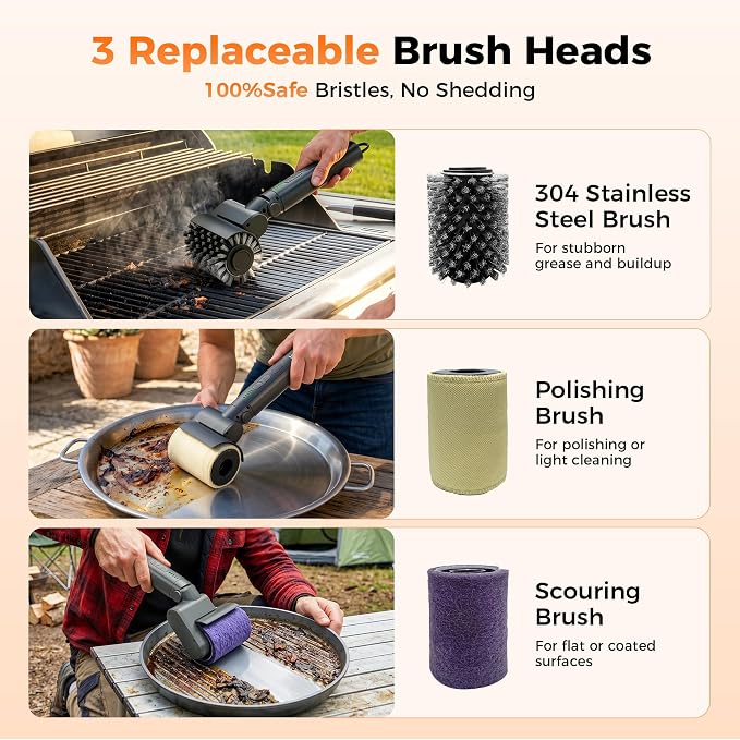 Electric Grill Brush for Outdoor Grill - Cordless Rechargeable 5000mAh BBQ Cleaner with 3 Speed & 3 Brush Heads Adjustable Angle High-Torque Power Rotary Grill Cleaning Brush Safe for All Grill Type
