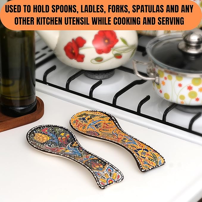 BCS Spoon Rest Set of 2 - Ceramic Spoon Holder for Stovetop & Kitchen Counter - Dishwasher Safe Handmade Kitchen Utensil (Yellow-Black 3.5” W x 9" L)