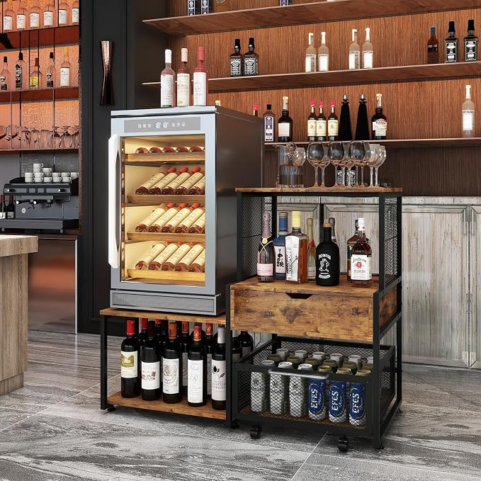 PUNCIA Coffee Bar Cabinet with Mini Fridge Stand Storage & Power Outlet | Microwave Oven Stand & Beverage Refrigerator Table, Built-in Drawer Rolling Basket for Dorm Apartment Pantry Organizer