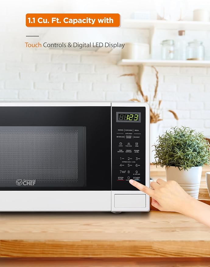 Commercial Chef 1.1 Cu. Ft. Countertop Microwave Oven, Touch Controls with Digital LED Display, 1100W Microwave, Push Button Door, 10 Power Levels, CHCM11100W, White