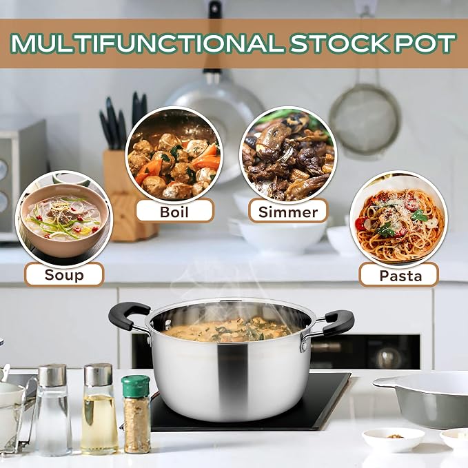 LIANYU 6QT Stock Pot with Cooking Utensils, 6 Quart Stainless Steel Soup Pasta Boiling Pot, Silicone Kitchen Utensils Set with Holder, Dishwasher Safe