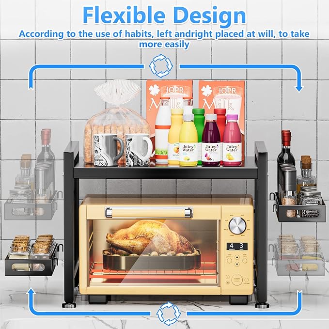 YIUKEA Extendable Microwave Oven Rack - Over Microwave Shelf Countertop 2 Tier Kitchen Microwave Stand (L15.7~23.6" xW12.8 xH17.7) with Spice Rack and 6 Hooks Black
