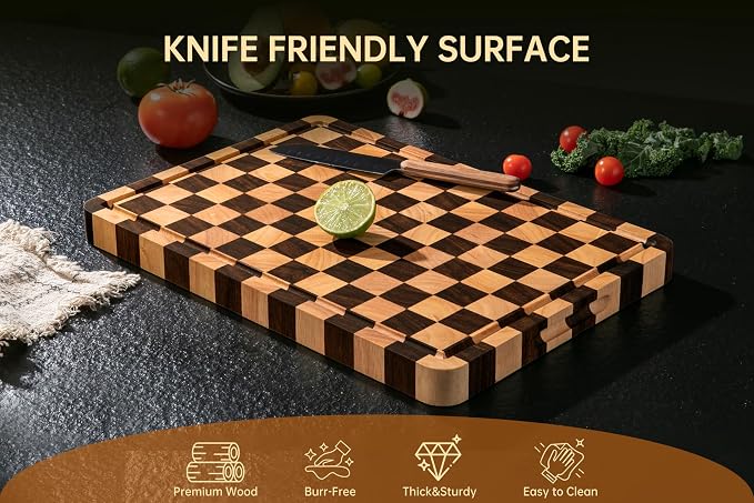 THETCHRY Cutting Boards for Kitchen, Checkered Cutting Board Thickened, Walnut & Rubber Wood Chopping Board with Juice Groove & Handle, Double-sided Butcher Block with Gift Box, 16.5" x 11.6" x 1.2"