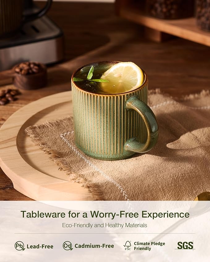famiware Coffee Mug Set for 4, Star 12 oz Catering Mugs Cup Set with Handle for Coffee, Tea, Cocoa, Milk - Ceramic Stoneware Drinkware Set, Moss