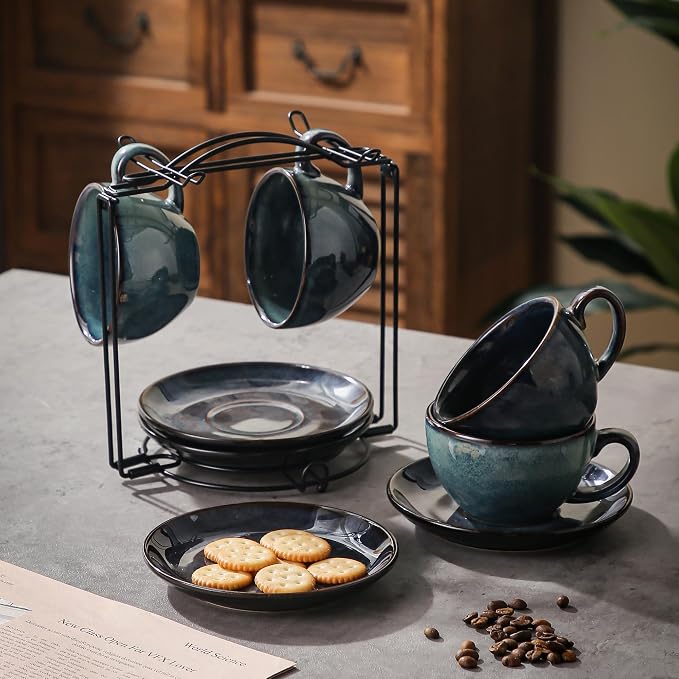 4 Sets of 8 oz Green Reactive Glaze Coffee Cups with Saucers, Ceramic Espresso Cups Set with Black Metal Stand – Unique Variegated Finish Stoneware Demitasse for Latte, Cappuccino or Gift