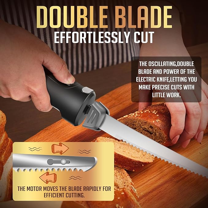 Electric Knife Set with 7-Inch Stainles Steel Blades, Safety Lock Button & Knife Stand, Ideal for Carving, Slicing & Cutting Meats, Turkey Bread & Craft Foam, Dishwasher Safe, Black