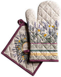 Maison d' Hermine 100% Cotton Oven Mitt & Pot Holder Set (7.5"x13" & 8"x8") Heat Resistant BBQ Cooking Gloves with Loop Baking Grilling Kitchen Gifts for Mothers Day Spring/Summer(Fanny Lavender)