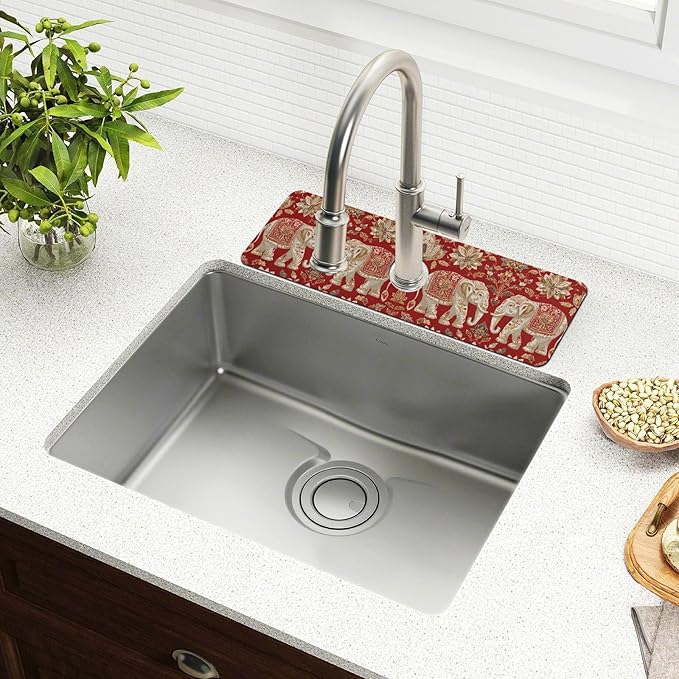 Kitchen Sink Splash Guard 2 PCS 30 Inch Sink Faucet Mat Splash Guard for Bathroom Countertop Water Absorbent Foldable Cuttable Soft Washable Red Retro Elephant Flowers