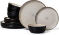 LIANYU Porcelain Dinnerware Sets, 12 Piece Ceramic Plates and Bowls for 4, Dishwasher & Microwave Safe Stoneware Dishes Set, Chip and Scratch Resistant Kitchen Dishware Set, Tidal Khaki