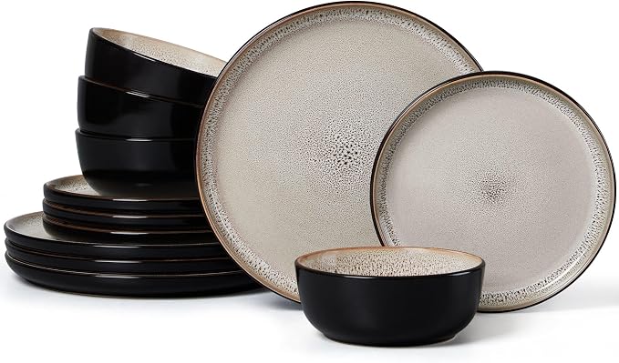 LIANYU Porcelain Dinnerware Sets, 12 Piece Ceramic Plates and Bowls for 4, Dishwasher & Microwave Safe Stoneware Dishes Set, Chip and Scratch Resistant Kitchen Dishware Set, Tidal Khaki