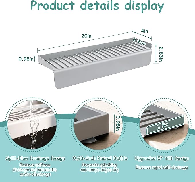 Silicone Sink Edge Protector Splash Guard, 20x4 Inch with Suction Cups & 5°Tilt, Cuttable for Kitchen Bathroom Countertops, Granite Quartz Surfaces (Gray)