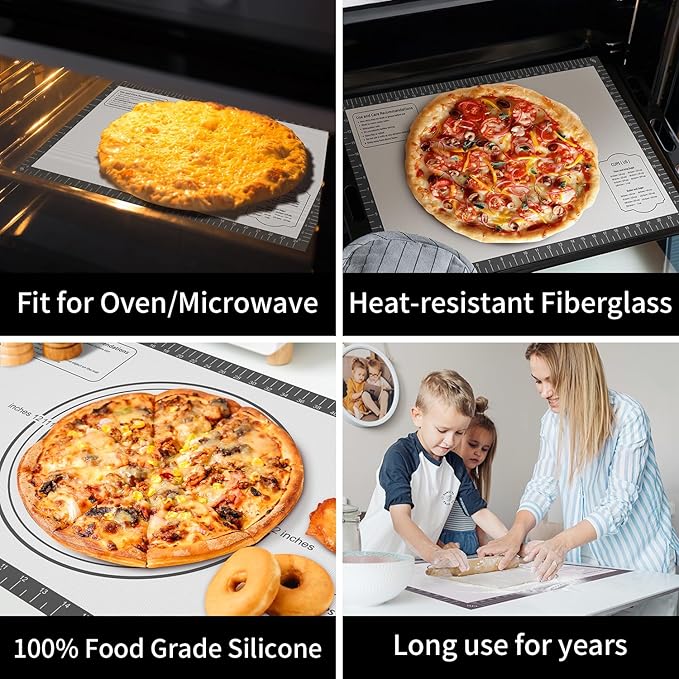 Silicone Baking Mat with Measurement, Non Stick Silicone Pastry Mat for Dough Rolling, Silicone Mat for Baking Macaron Pizza Cookies Pie Crust Oven, Silicone Bread Mat
